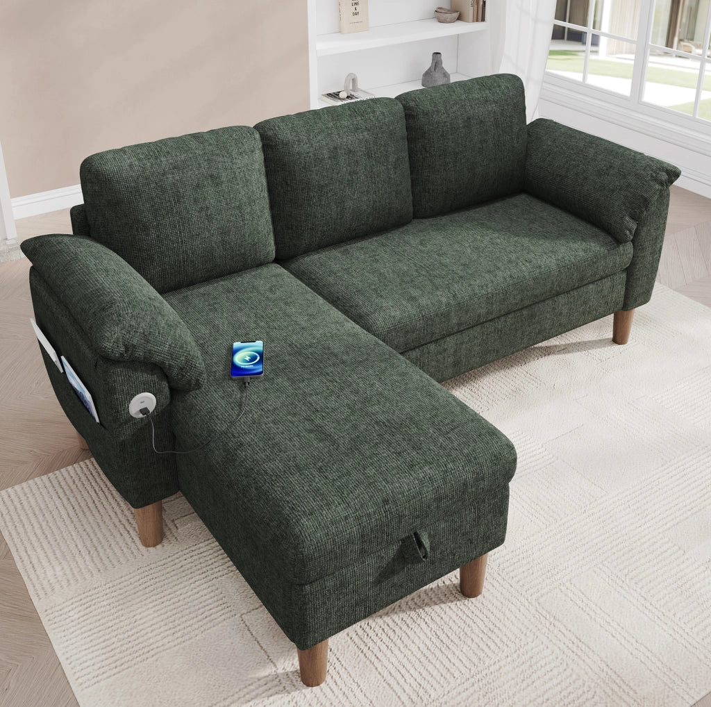 Divano angolare modulare 3 posti con chaise longue contenitore; USB/Type-C; verde