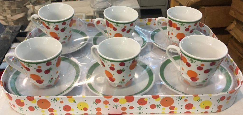 Set 6 Tazzine Tazze Caffe' con Piattini Decorate + Vassoio Home
