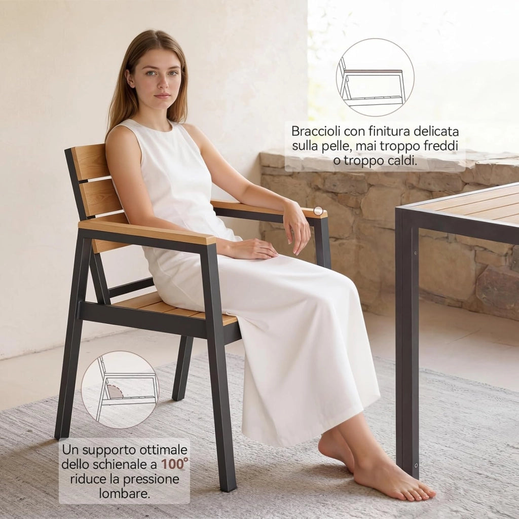 HDPS Set Tavolo e Sedie da Giardino 7 Pezzi Resistente alle Intemperie, Completo di Tavolo 189 cm e 6 Sedie da Esterno in Alluminio, Finitura a Vena di Legno e Facile da Manutenzionare,Naturale