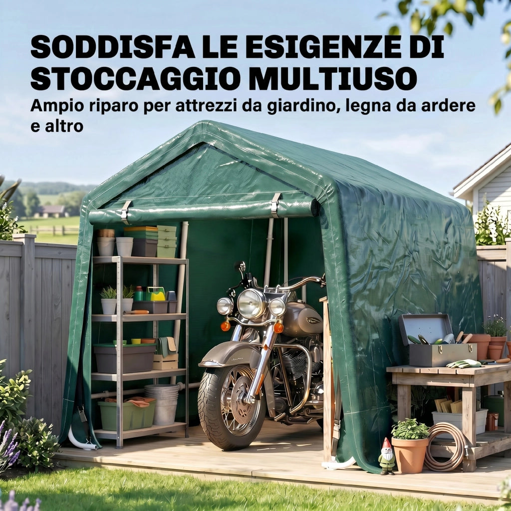 Garage Moto per Esterno 2.4x2 m, Tenda Garage per Attrezzi in Metallo e Tessuto PE, per Moto e Biciclette, Verde