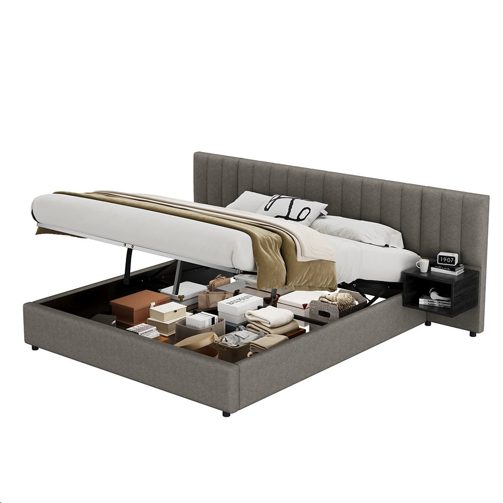 Letto imbottito 180x200 cm - Xylo - Con 2 comodini idraulico spazio di archiviazione Grigio + Nero