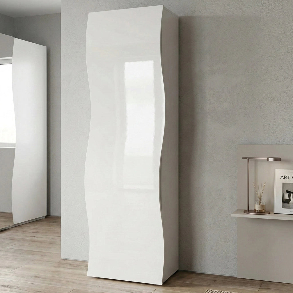 Armadio multiuso con linee Azalea, Made in Italy, Mobile moderno, Portascarpe con 1 anta e 1 ripiano, cm 63x40h187, colore Bianco lucido