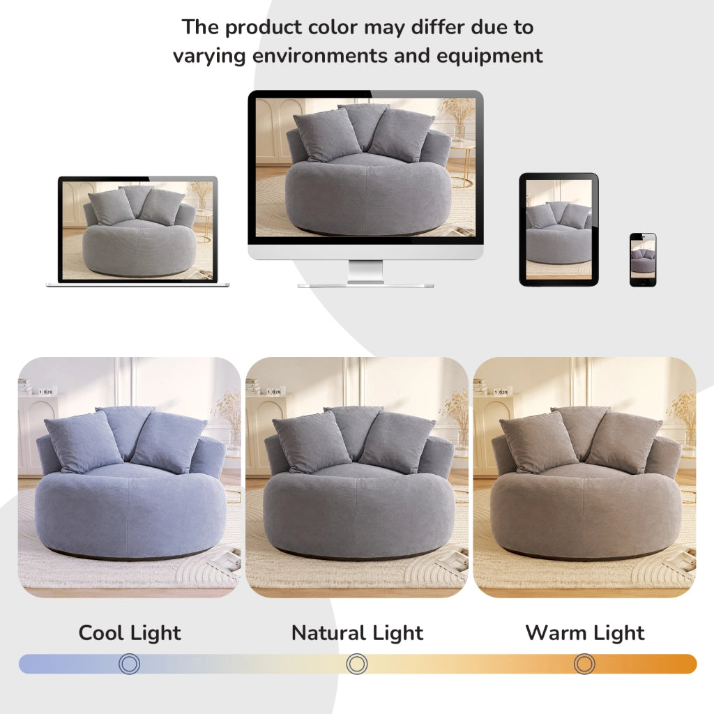Pouf rotondo in velluto a coste con schiuma ad alta resilienza per relax e studio grigio 52 × 42 × 33 cm