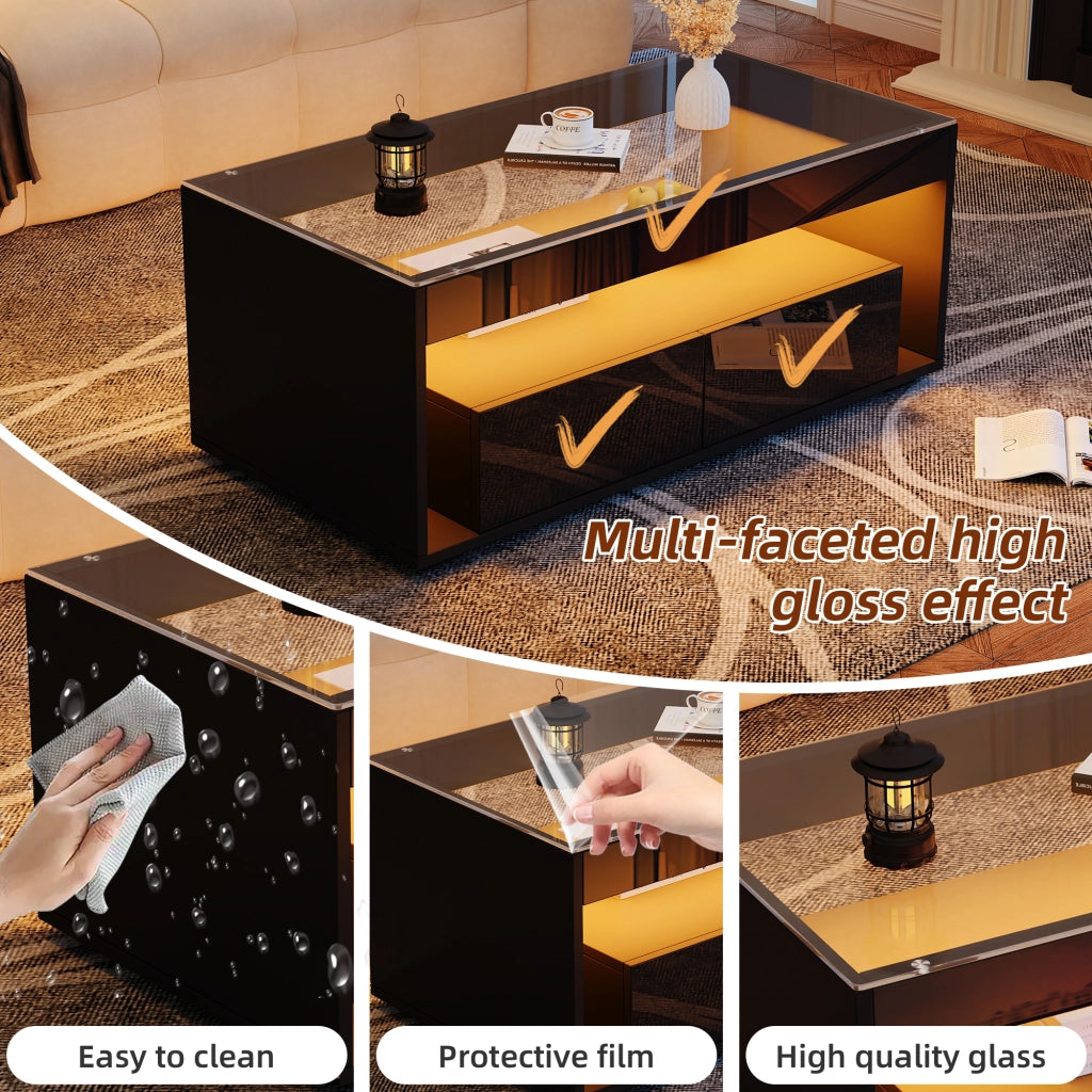 Tavolino basso con LED, 2 cassetti e vani aperti, piano in vetro temperato, in truciolare, nero, 100 × 50 × 40 cm