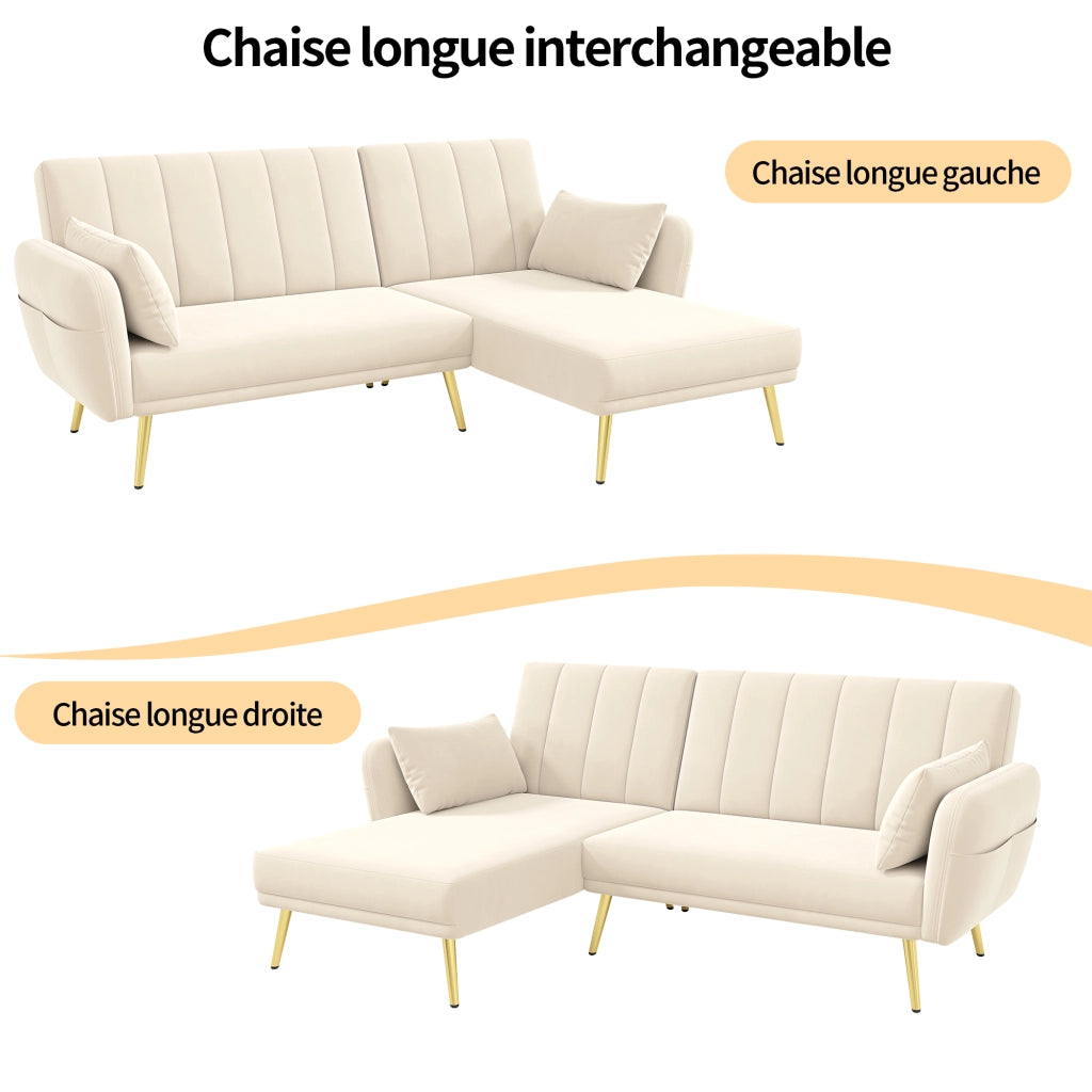 Divano angolare trasformabile 2 a 3 posti con schienale regolabile a 3 posizioni e tasche laterali in Velluto Beige