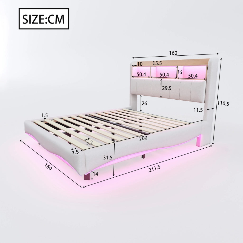 Letto imbottito sospeso 160x200 cm con LED, USB e USB-C in tessuto di lino beige