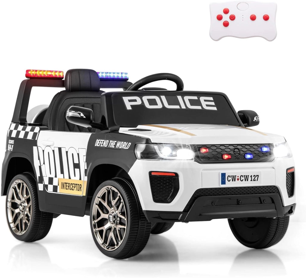 Macchina Elettrica della Polizia per Bambini 12V con Telecomando, Auto Elettrico a Pedale, Veicoli con Sirena, Musica, Fari LED, USB e Radio, 3 km/h, Carico 30 kg, 3-8 Anni (Bianco)