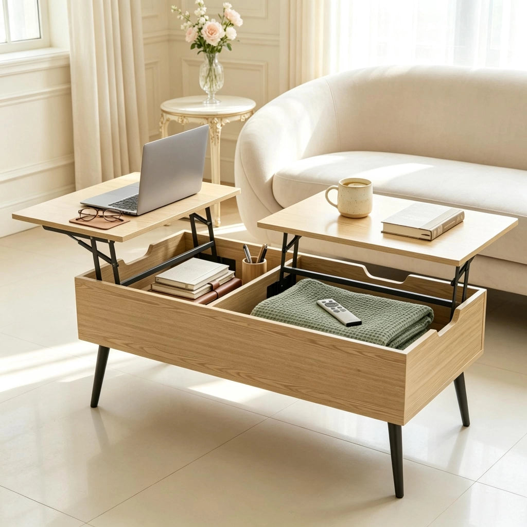 Tavolino basso sollevabile con 2 vani nascosti, per soggiorno e ufficio, nero ed effetto legno, 100 × 50 × 43,6 cm