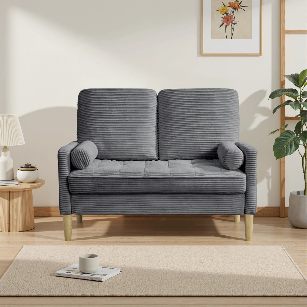 Divano a 2 posti in velluto a coste con cuscini imbottiti, stile scandinavo, gambe in legno grigio 107 × 71 × 20 cm