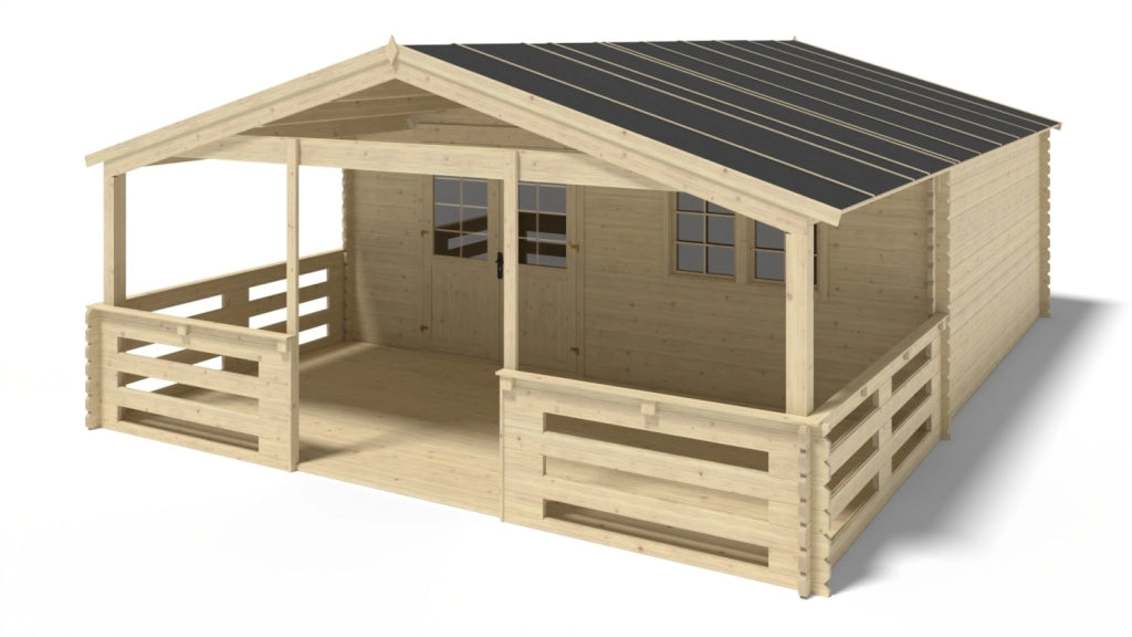 Casetta da giardino in legno con veranda e tettoia - 48m2 - 6x5m - 40mm - colore: naturale - DOM747+DOM556+DOM558+POD04 - ALTANKA