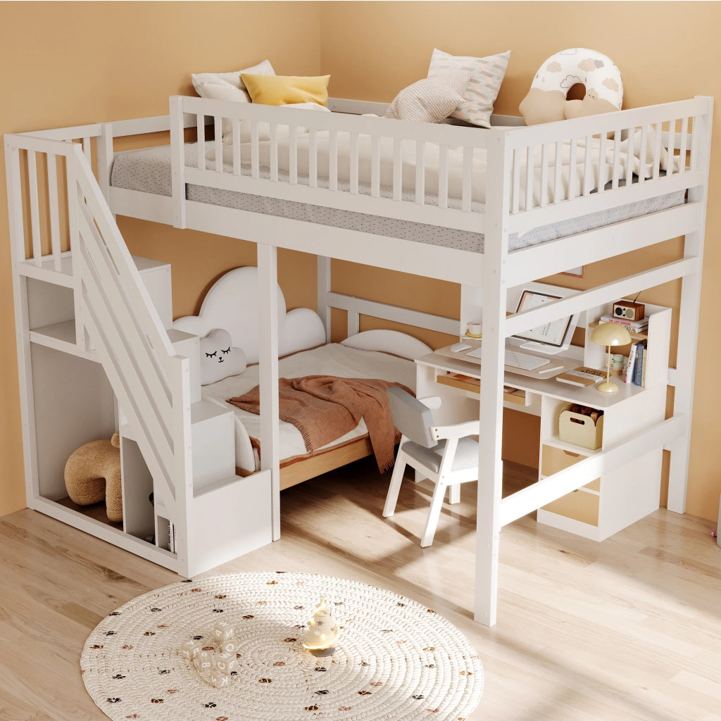 DESMIU Letto a soppalco 2 posti con scala contenitore e sponde alte 140 × 200 cm, senza materasso, bianco