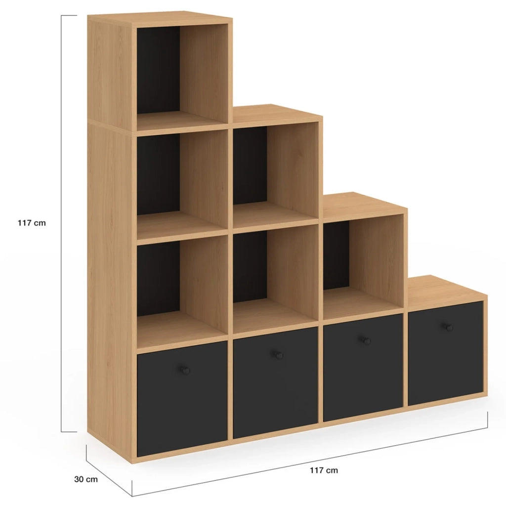 IDMarket - LORYS Contenitore a 4 livelli in legno e nero a gradini con 4 cassetti in tessuto