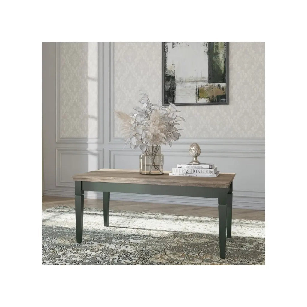 Tavolino basso ASSIA – Rettangolare 110x60 cm – Verde e rovere – Stile classico chic
