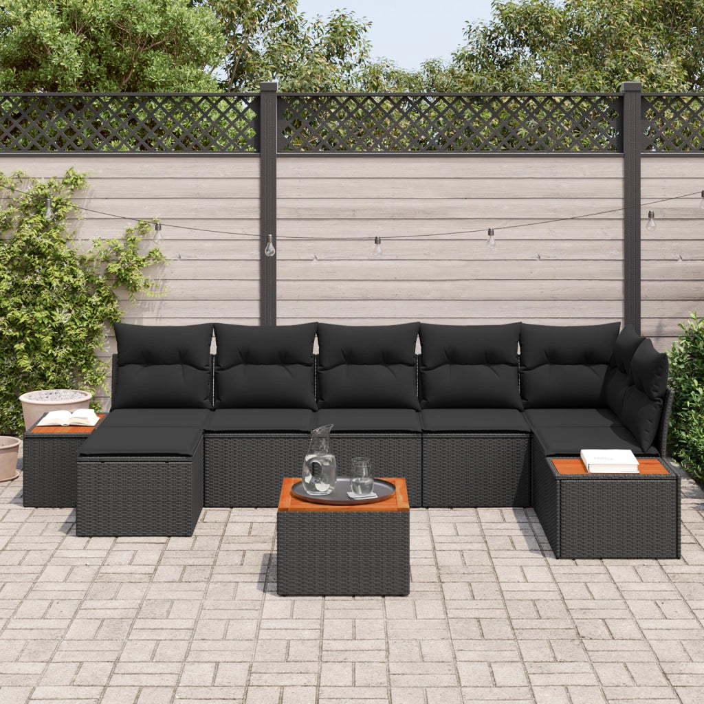 Set di divani da giardino 8 pezzi con cuscini in polyrattan nero
