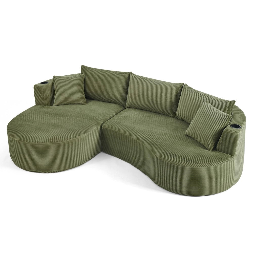 Divano 3 Posti con Chaise Longue ¨C Xylo ¨C Tessuto a Coste, Verde, con Cuscini e Portabicchieri
