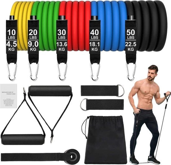 Set di Cinture di Resistenza per allenamento, cinture di resistenza, allenamento di forza, espansore, Set di 5 cinture di resistenza con espansore, anello per porta, maniglie, gambali, borsa per portare per la costruzione muscolare, uomo e donna