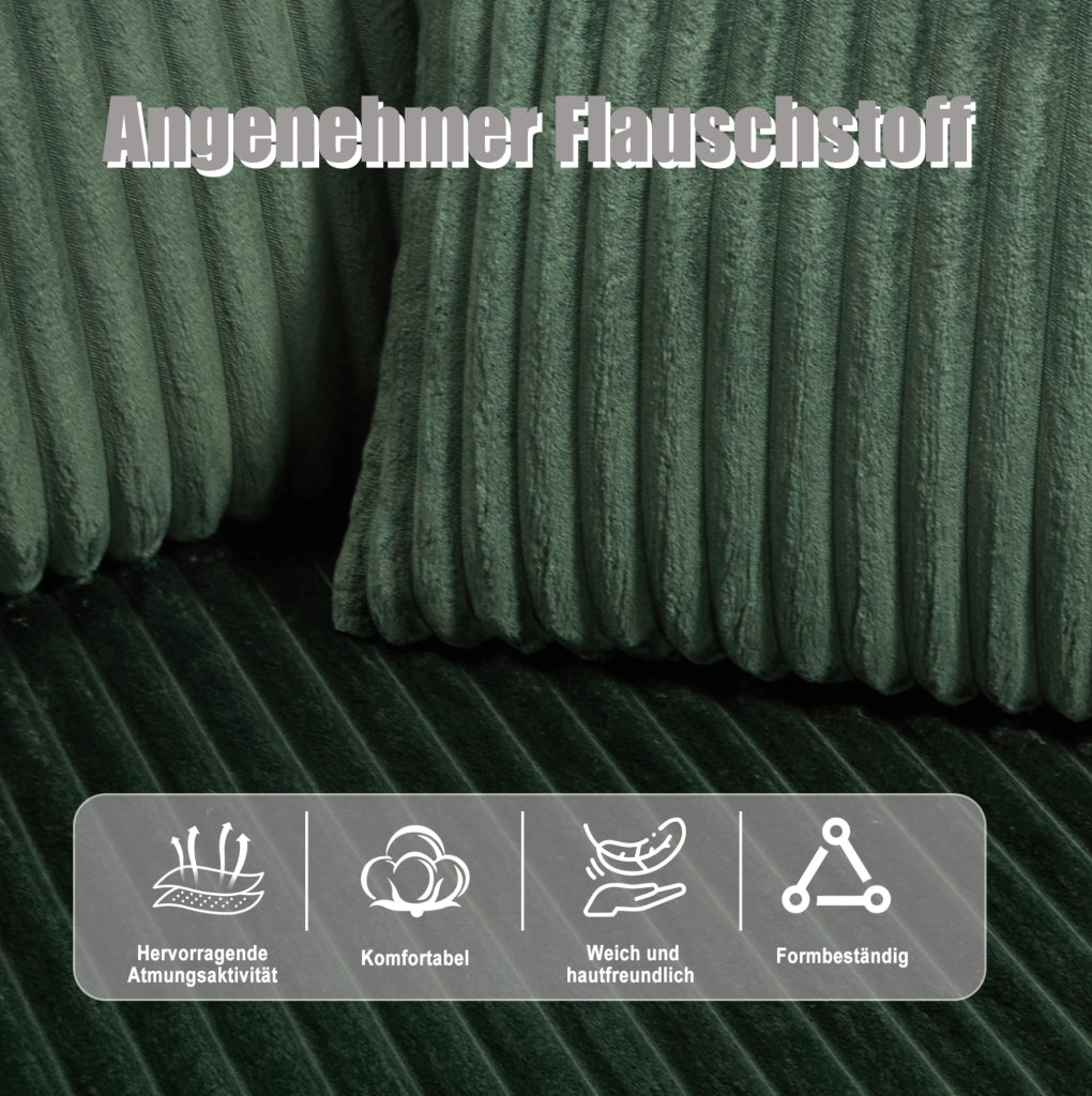 Divano modulare ULEVR con chaise longue e 2 posti, 5 cuscini, portabevande e tasche laterali, velluto a coste verde smeraldo