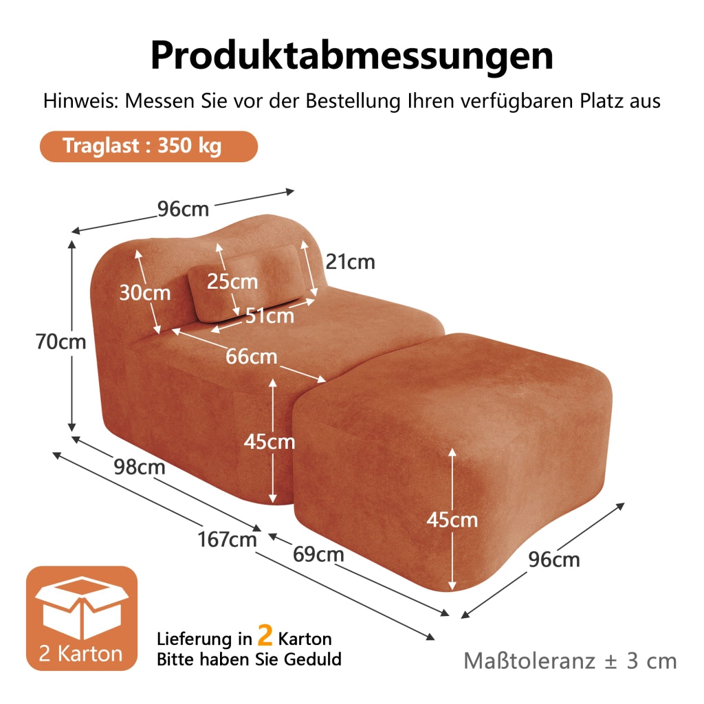 Divano modulare senza telaio con pouf collegabile, seduta profonda e cuscini ergonomici in velluto arancione