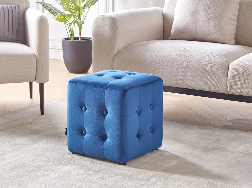 Pouf a forma di Cubo in velluto blu con bottoni tappezzeria trapuntata