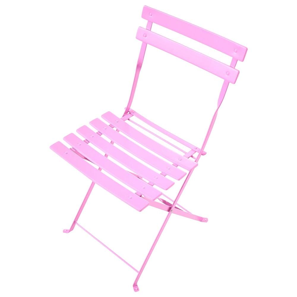 Set da bistrot 3 pezzi rosa in metallo pieghevole con schienale a doghe per esterni