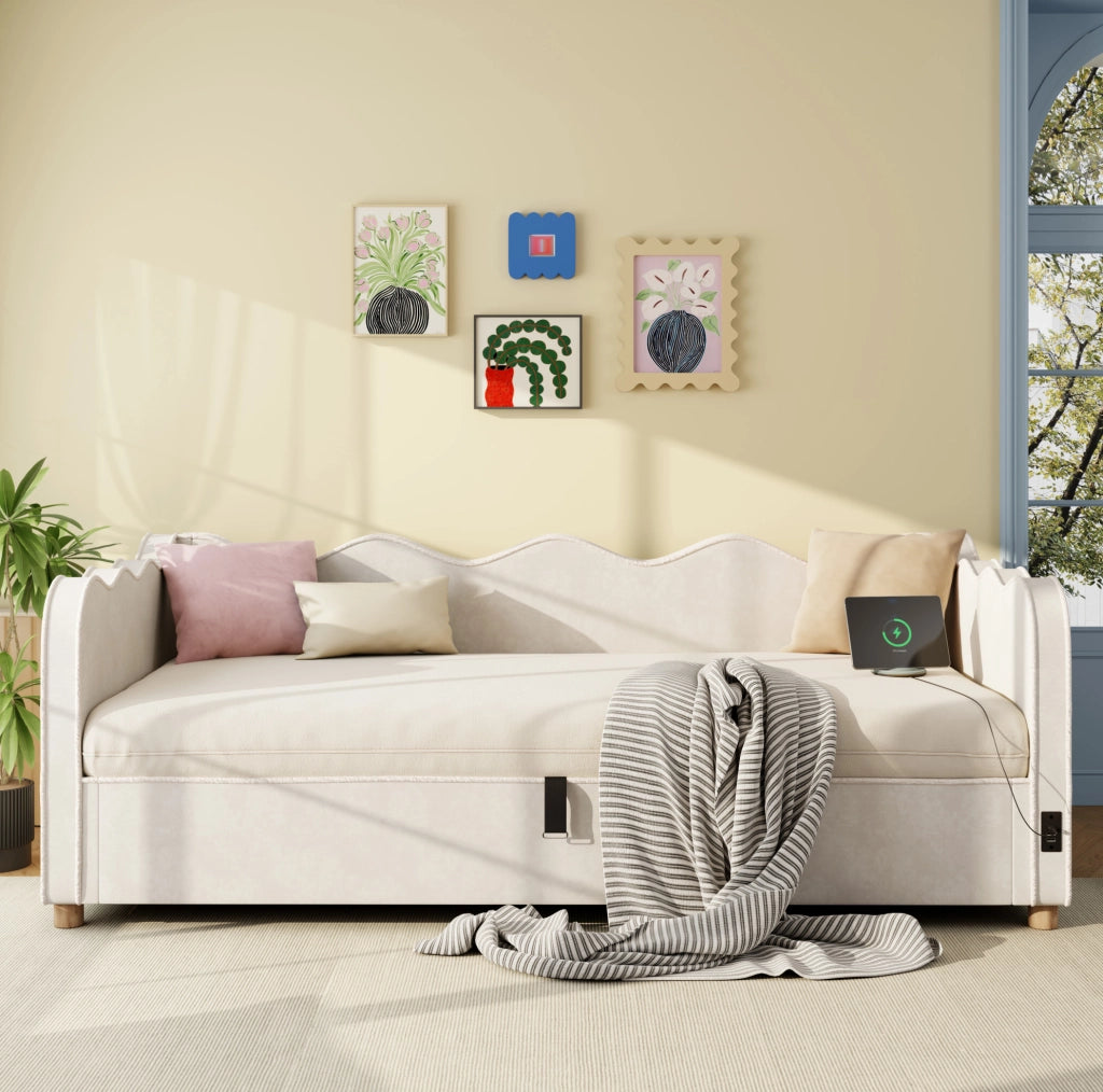 Letto contenitore 90x200 cm con USB C e presa; velluto beige
