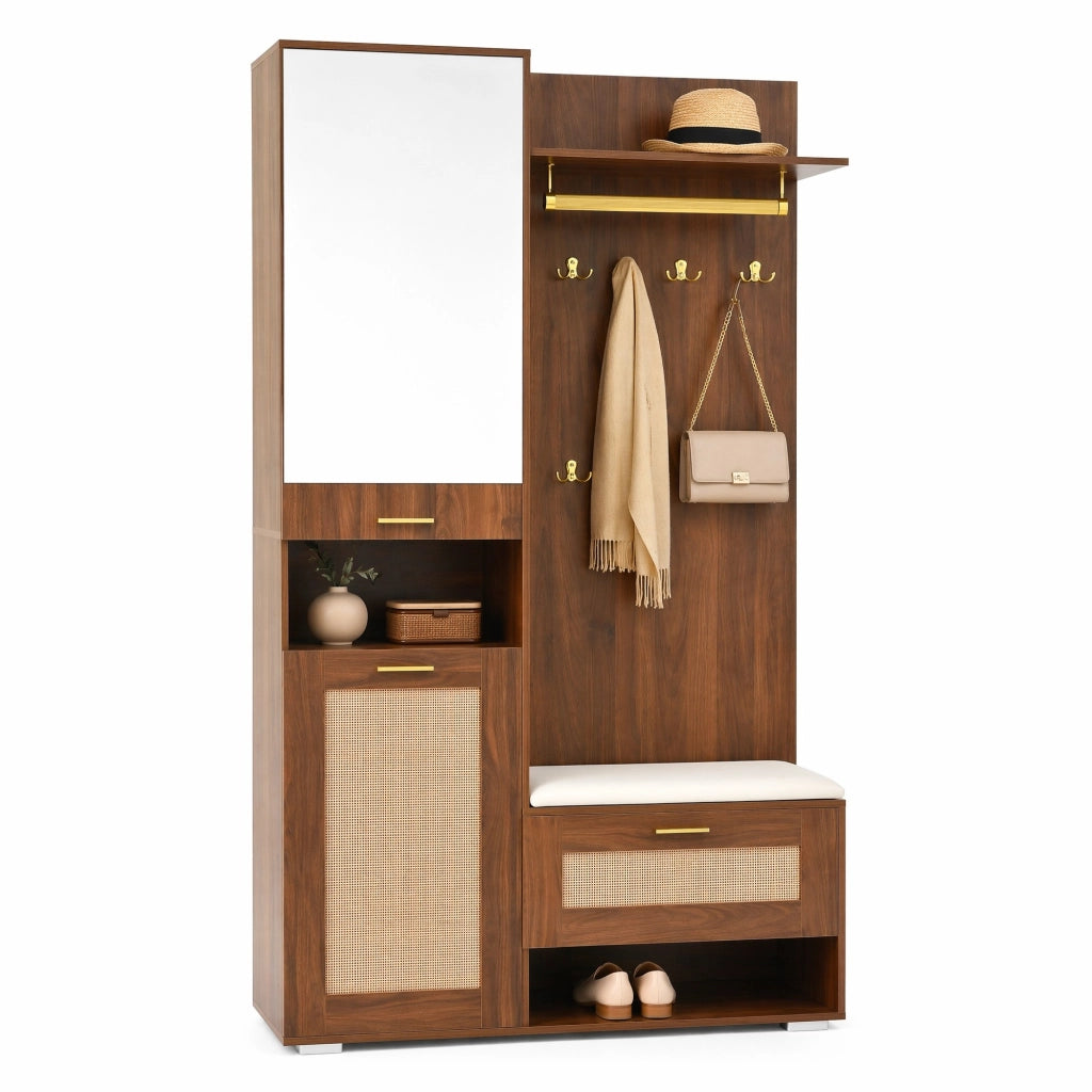 Mobile ingresso con specchio; LED 16 colori e panca; 110 x 38 x 190 cm; rovere noce e bianco