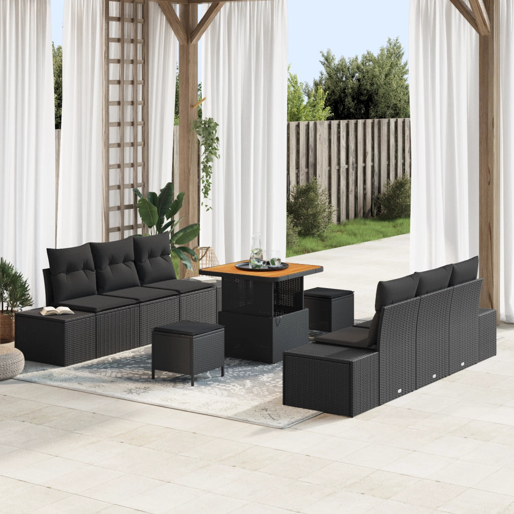 Set Divano da Giardino 9 Pezzi con Cuscini Nero Polyrattan Acacia
