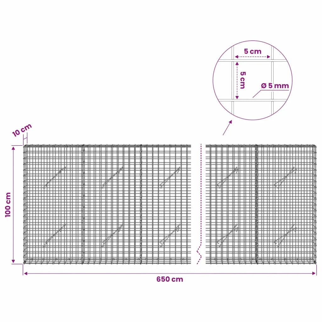 Gabione con filo da 5 mm e rete da 5x5 cm 650x10x100 cm 3463975
