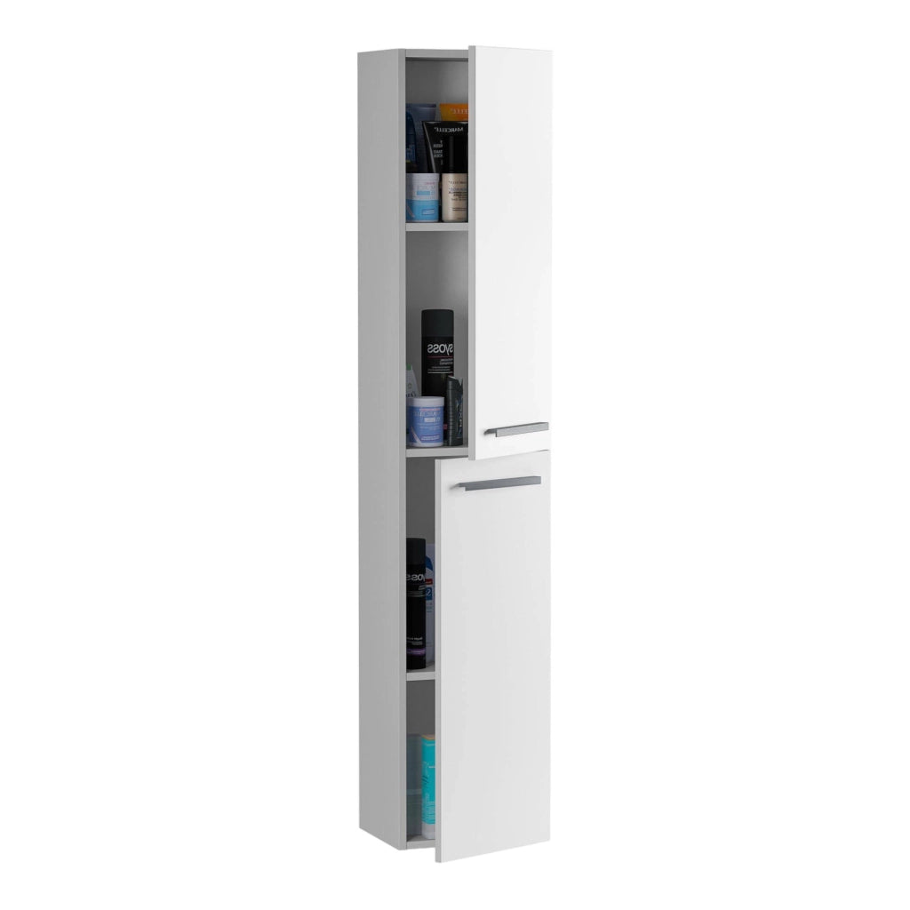 Colonna bagno Notte, Mobile a colonna per bagno a 2 ante, Armadio pensile sospeso con 2 ripiani, 30x25h150 cm, Bianco lucido