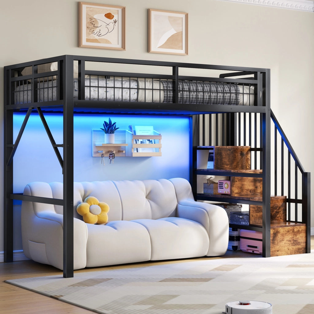 OKWISH Letto a Soppalco 90×200 cm, Letto Singolo con LED Regolabile, Scala con Contenitori e Spazio Libero, senza Materasso, in Metallo, Nero