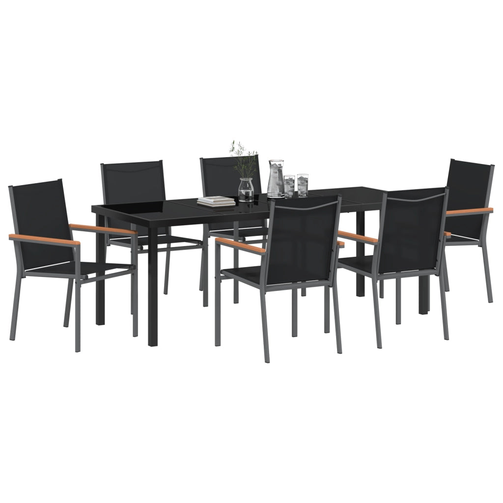 Set da Pranzo da Giardino a 7 Pezzi Nero Textilene e Acciaio
