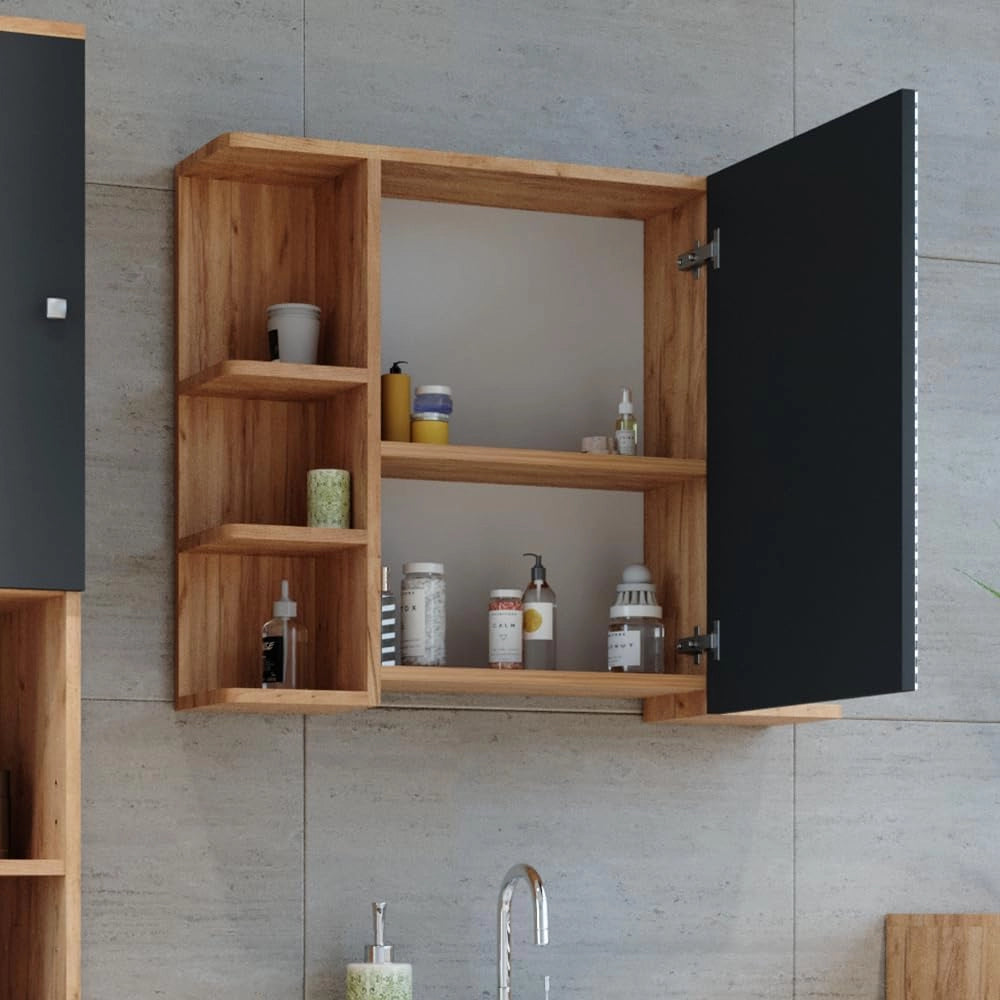 Specchio contenitore bagno Fynn, Quercia dorata, 79.6 x 64 cm, con specchio e ripiani aperti per montaggio a parete