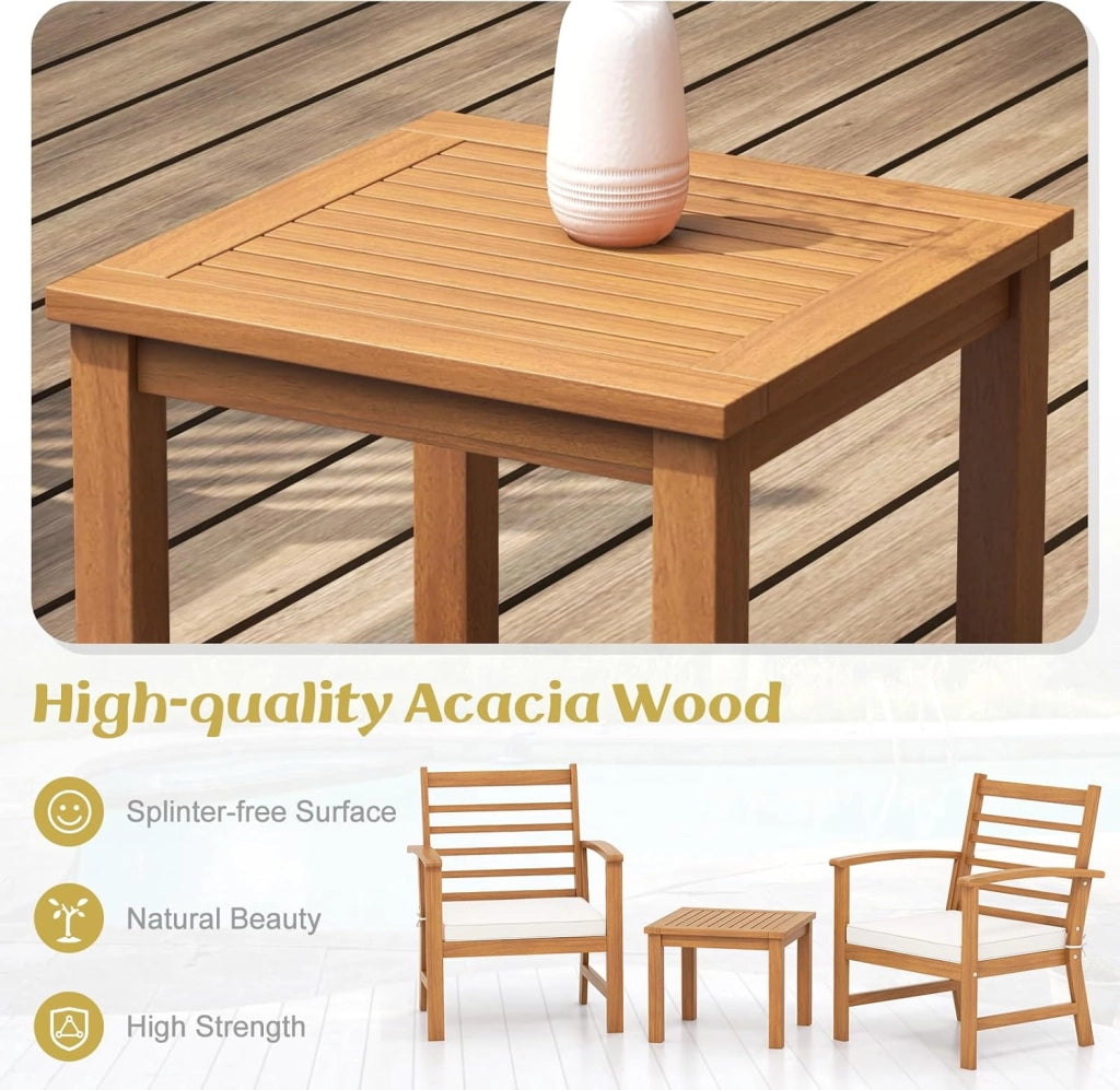 Set di 3 mobili da giardino in legno di acacia, per balconi, terrazze, mobili da giardino, set da 2 persone, set da 2 sedie con tavolo in legno, set da giardino con cuscino incluso