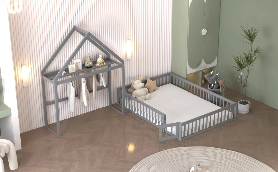 Letto per bambini grigio con funzione contenitore e rete a doghe in legno massello 140x200 cm