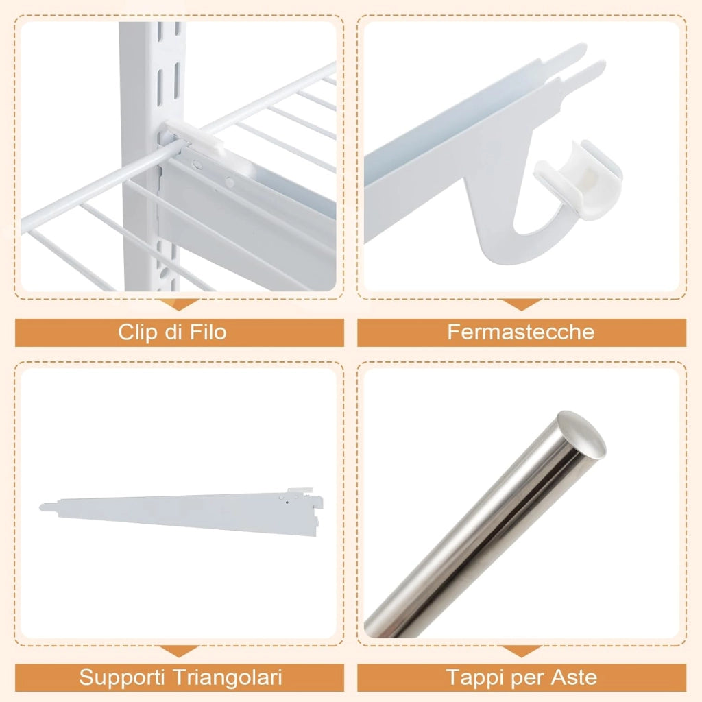 Guardaroba Parete 122-244 CM, Sistema di Organizzazione Regolabile con Asta Pendente, Appendiabiti Metallica, Sistema di Organizzazione e Stoccaggio Armadi per Camera da Letto (Bianco)