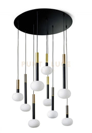 MOSE LAMPADARIO SOSPENSIONE 9 LUCI DIAM.70 METALLO VERNICIATO NERO VETRO BIANCO ATTACCO G9