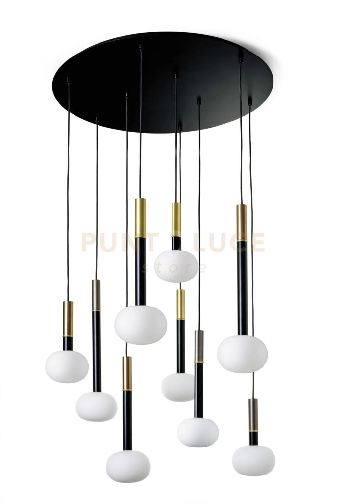 MOSE LAMPADARIO SOSPENSIONE 9 LUCI DIAM.70 METALLO VERNICIATO NERO VETRO BIANCO ATTACCO G9
