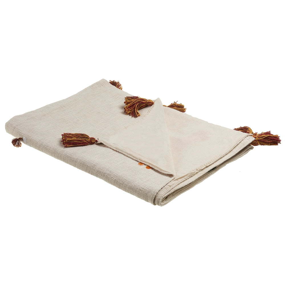 Coperta in cotone beige e arancione 130 x 180 cm copriletto in ricamo fatto a mano con motivo lama accogliente con nappe
