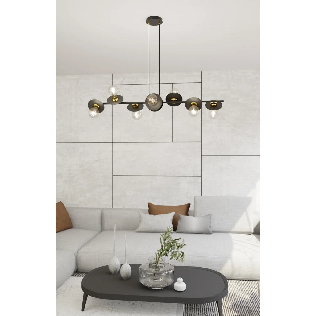 Lampadario 8 Luci Eos In Acciaio Nero E Oro Con Barra E Diffusori A Piatti