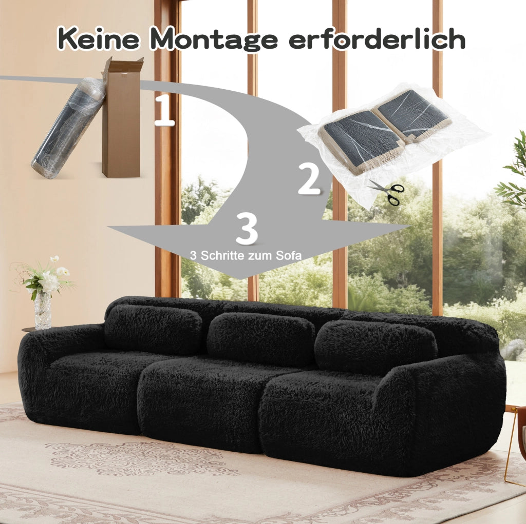 Divano modulare 3 posti 291x104x73 cm in tessuto peluche; nero; senza montaggio