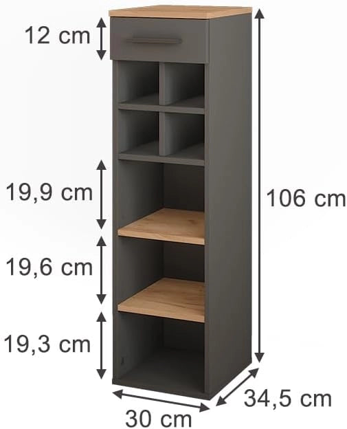 Portabottiglie Repose, Quercia dorata/antracite, 30 x 106 cm, adatto per la conservazione di bottiglie di vino e libri