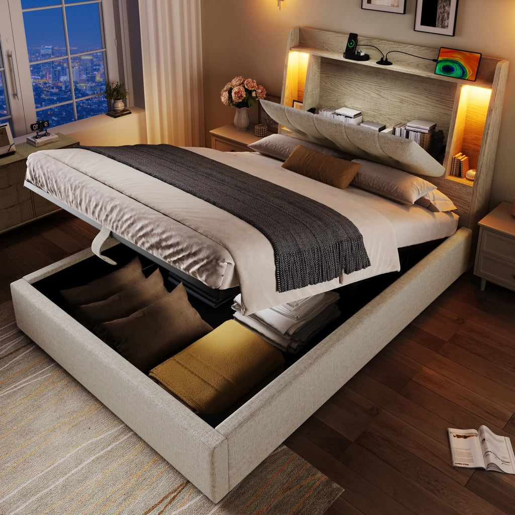 Letto imbottito 90x200 cm beige con LED, USB-C e vano contenitore