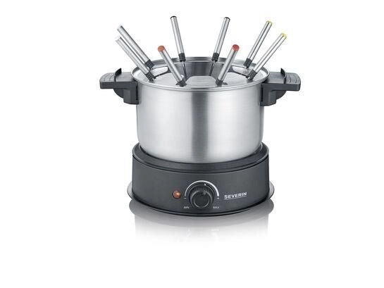 Severin 2470 Set Fonduta Elettrico 1500 W Capacita' 1,4 L 8 Forchette Colorate Paraspruzzi Rimovibile Termostato Regolabile colore Argento Nero