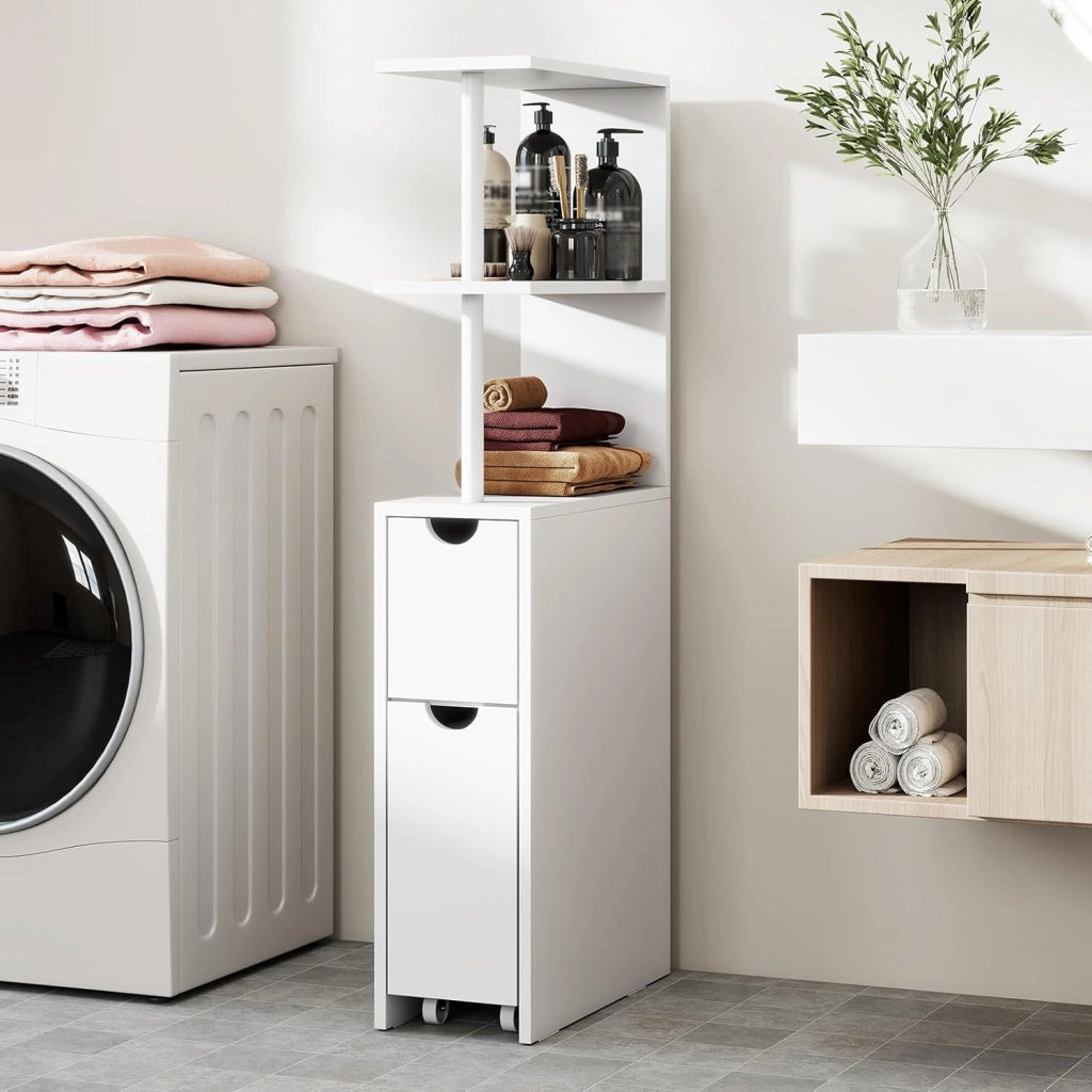 Mobile da Bagno Salvaspazio, Mobiletto Stretto e Autoportante con Ripiani Aperti, Cassetto Scorrevole e Carrello Estraibile, Mobiletto a Terra in Legno per Cucina, 45 × 20 × 114 cm