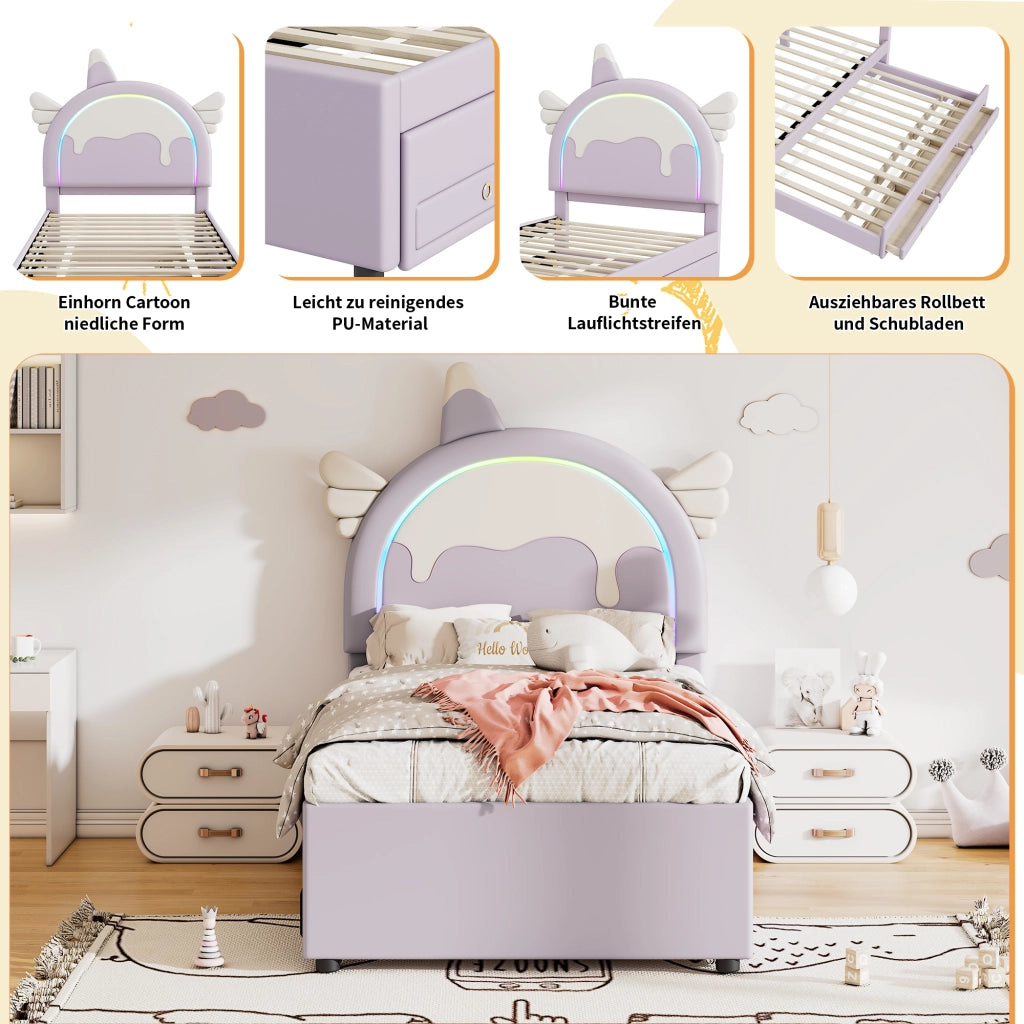 LETTO per bambini a forma di unicorno 90x200 cm PU viola con letto estraibile
