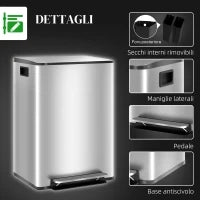 Bidone Immondizia a 2 Sezioni da 30L a Pedale con Coperchio Silenzioso, in Acciaio Inox e PP, 47.7x37.5x66.8 cm