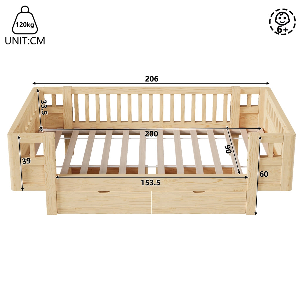 Letto a piattaforma con spondale di sicurezza e due cassetti, in legno, colore legno, per cameretta, 90 × 200 cm