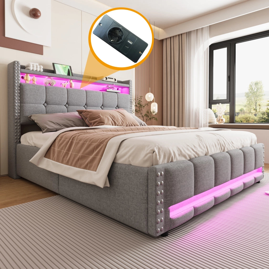 Letto Matrimoniale 160x200 cm; 2 Posti - USB; LED; Contenitore; Ripiani; Tessuto Grigio Chiaro