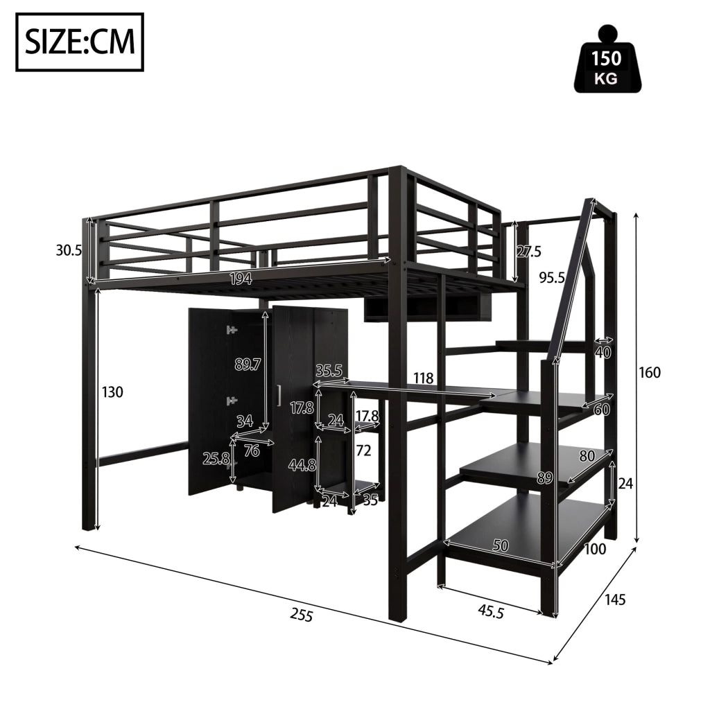 Letto a soppalco ULEVR 140x200 cm con armadio, scrivania, ripiani e scala con vani, nero