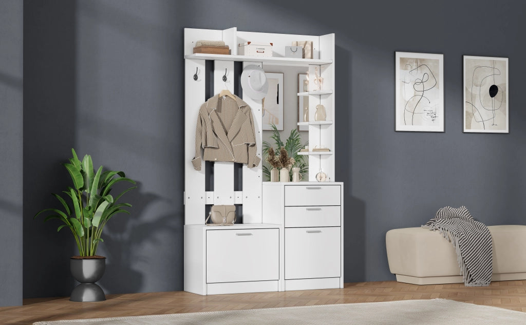 Mobile ingresso con specchio e scarpiera; appendiabiti da ingresso bianco in MDF; 110x34x185 cm